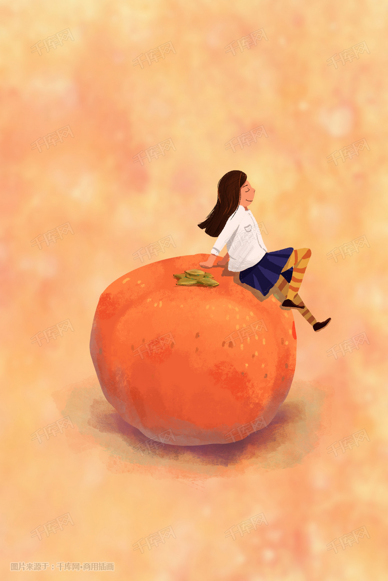 小清新温馨水果创意小女孩橘子
