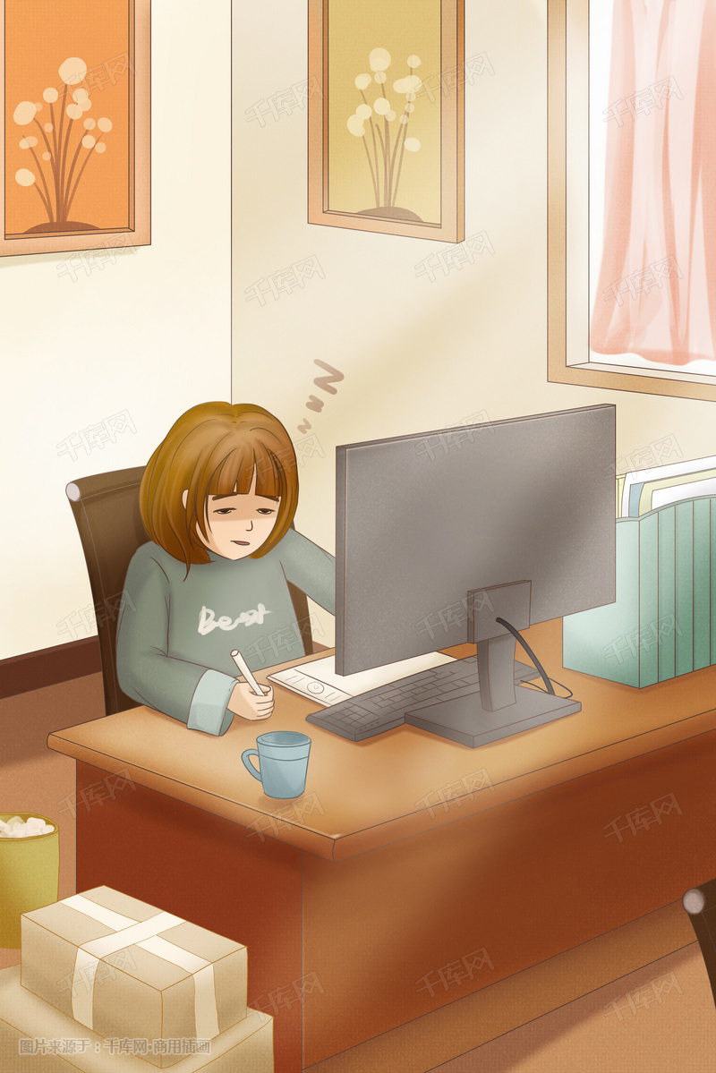 电脑面前犯困的女孩