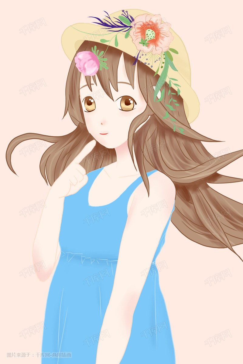 花与少女可爱温柔手绘美女插画