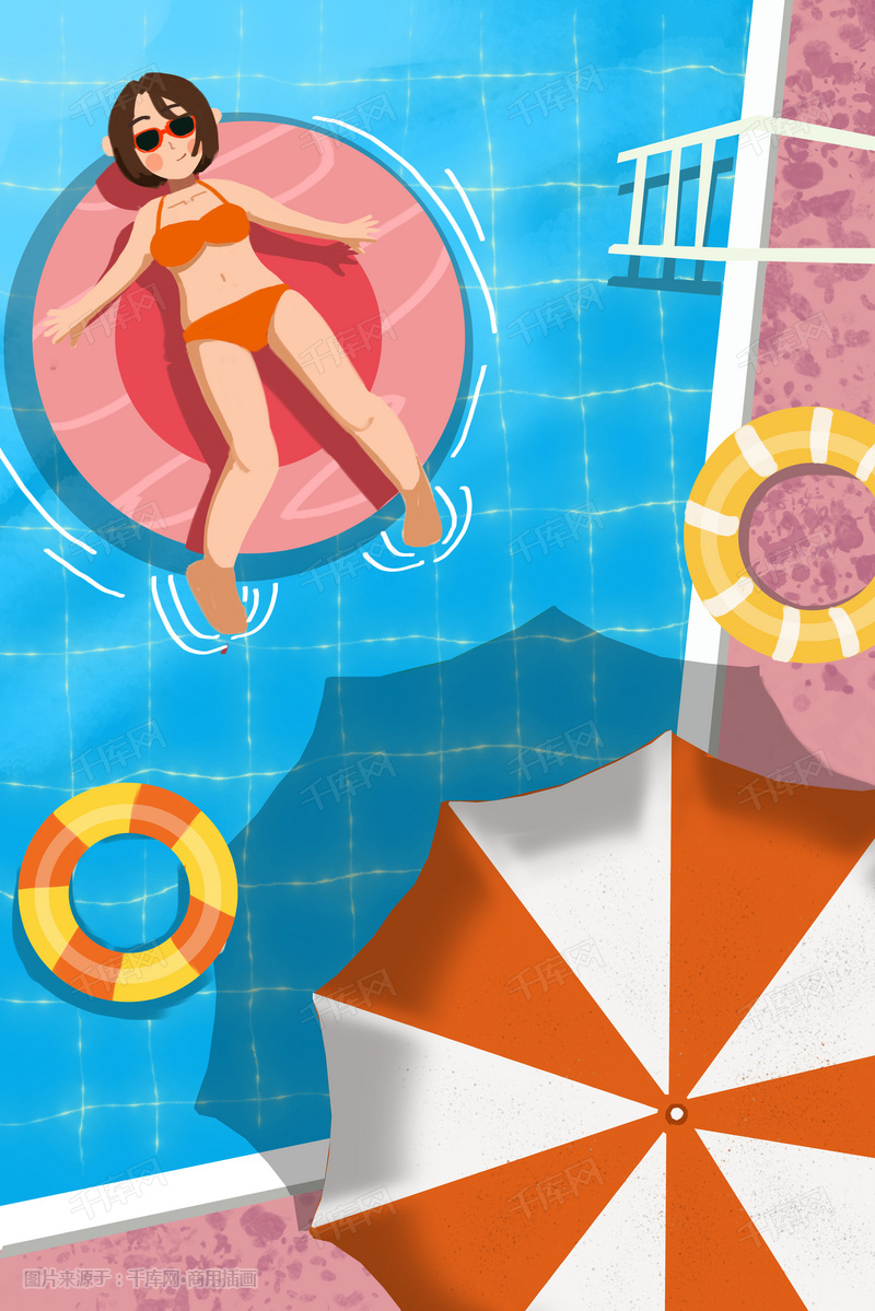 立夏夏天夏季少女游泳游泳池卡通扁平插画