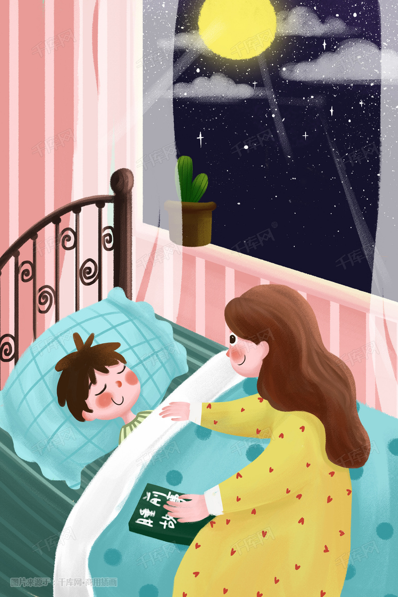 母亲节母亲妈妈母子情亲节日温馨讲睡前故事插画图片