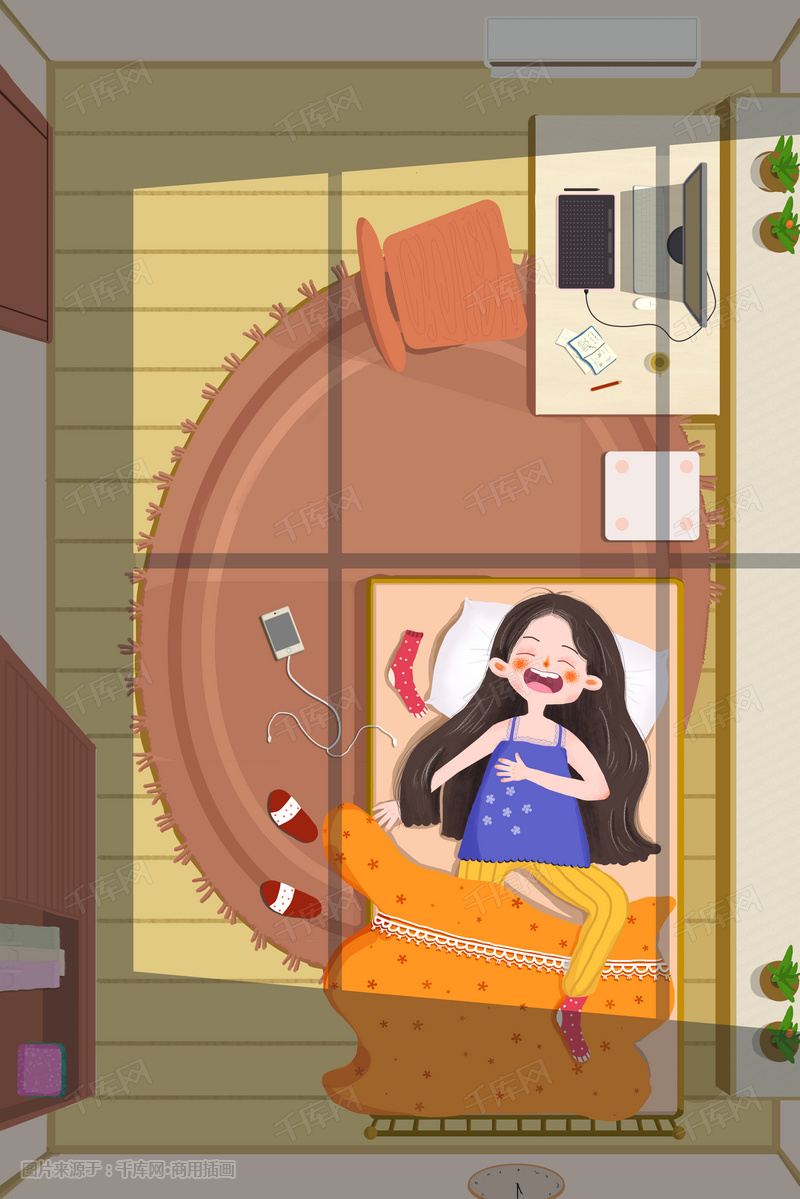 春困小女孩在有地毯的卧室睡觉插画图片_千库网(插画