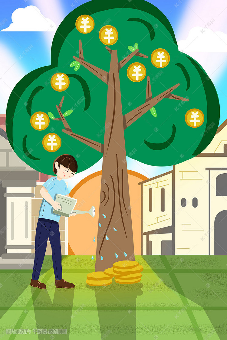 金融投资理财男孩理财卡通创意插画