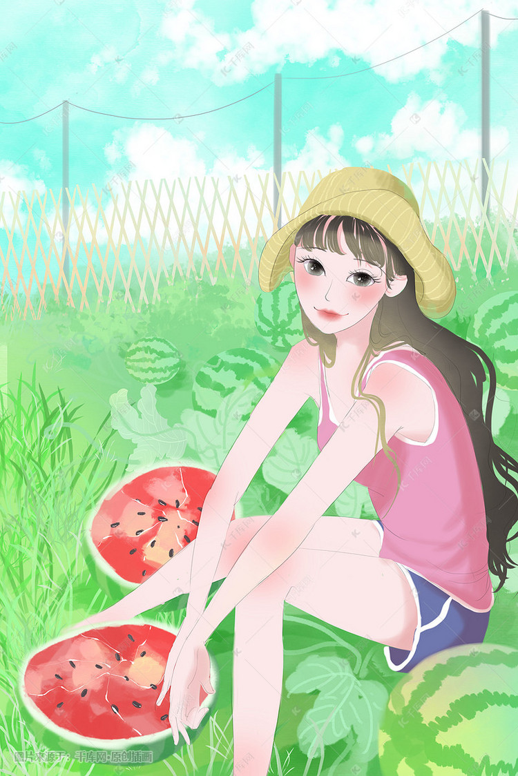 清凉夏日西瓜田里玩耍插画图片-千库网