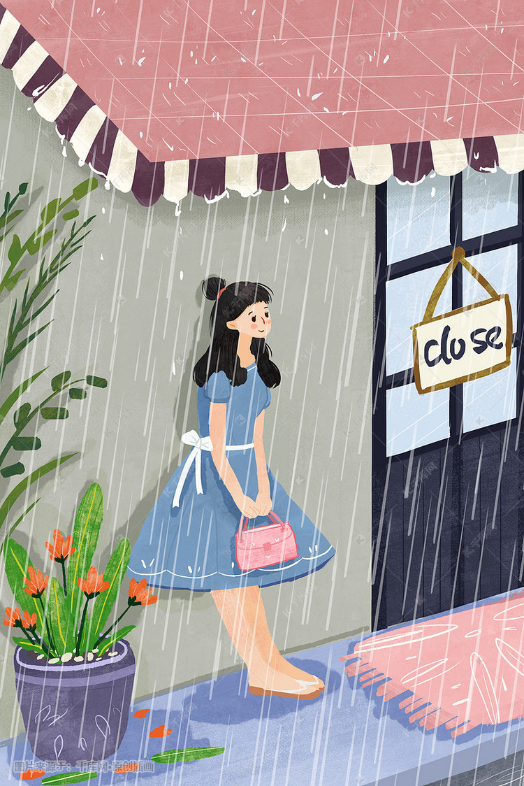 女孩下雨天在花店门口躲雨