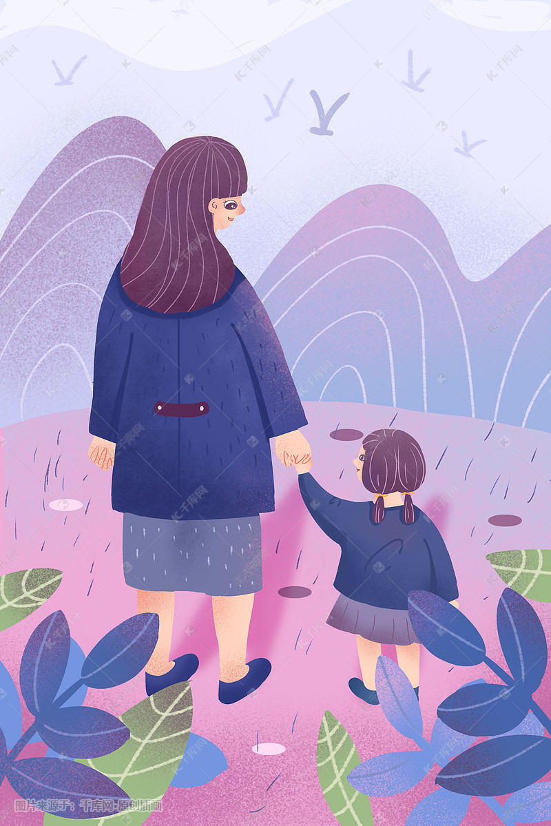 母亲节紫色系妈妈牵着孩字的手卡通可爱配图