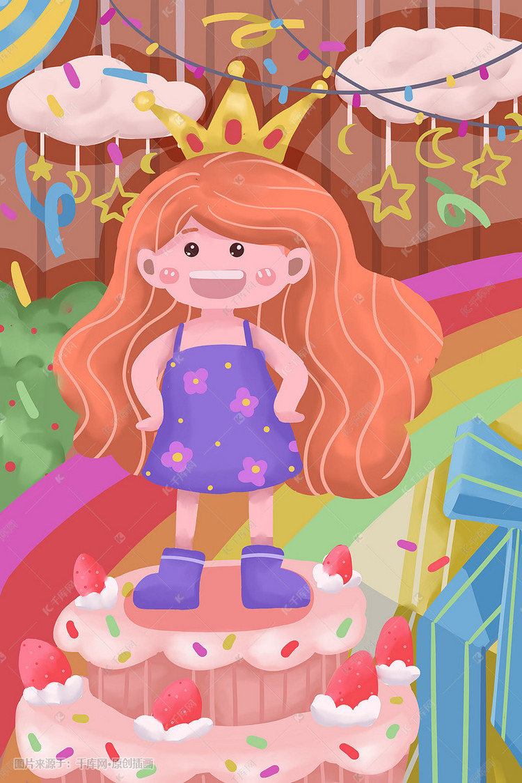 生日快乐生日蛋糕少女过生日卡通插画