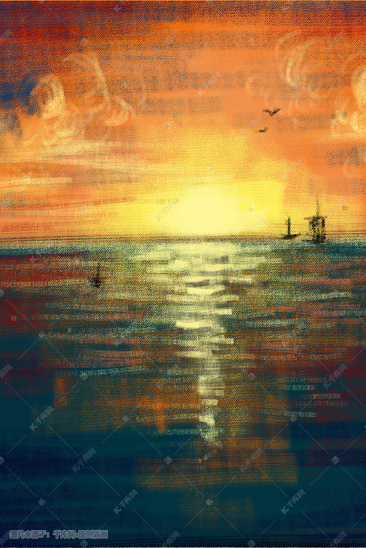 油画风海上日出手绘插图