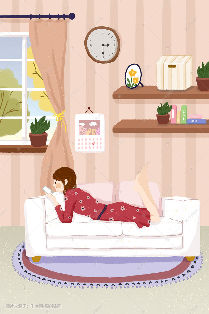你好二月女孩躺沙发上玩手机小清新插画
