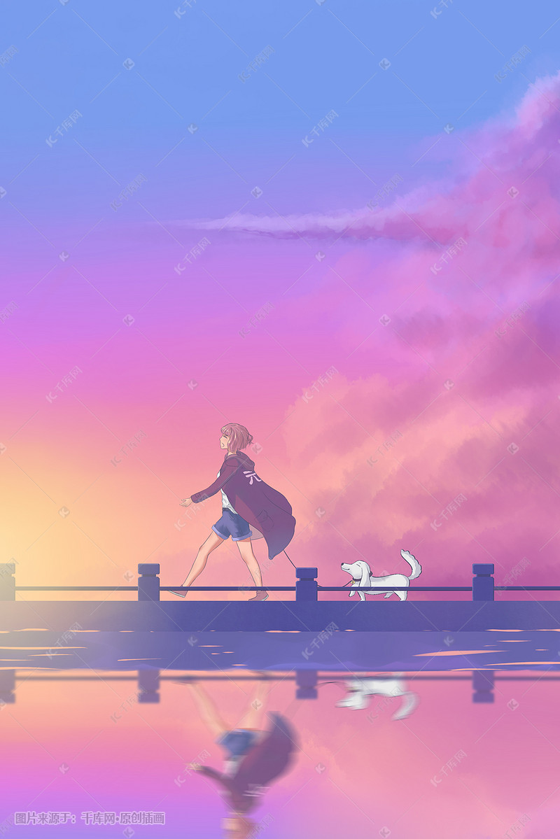 元气少女傍晚遛狗暖色清新风插画图片-千库网