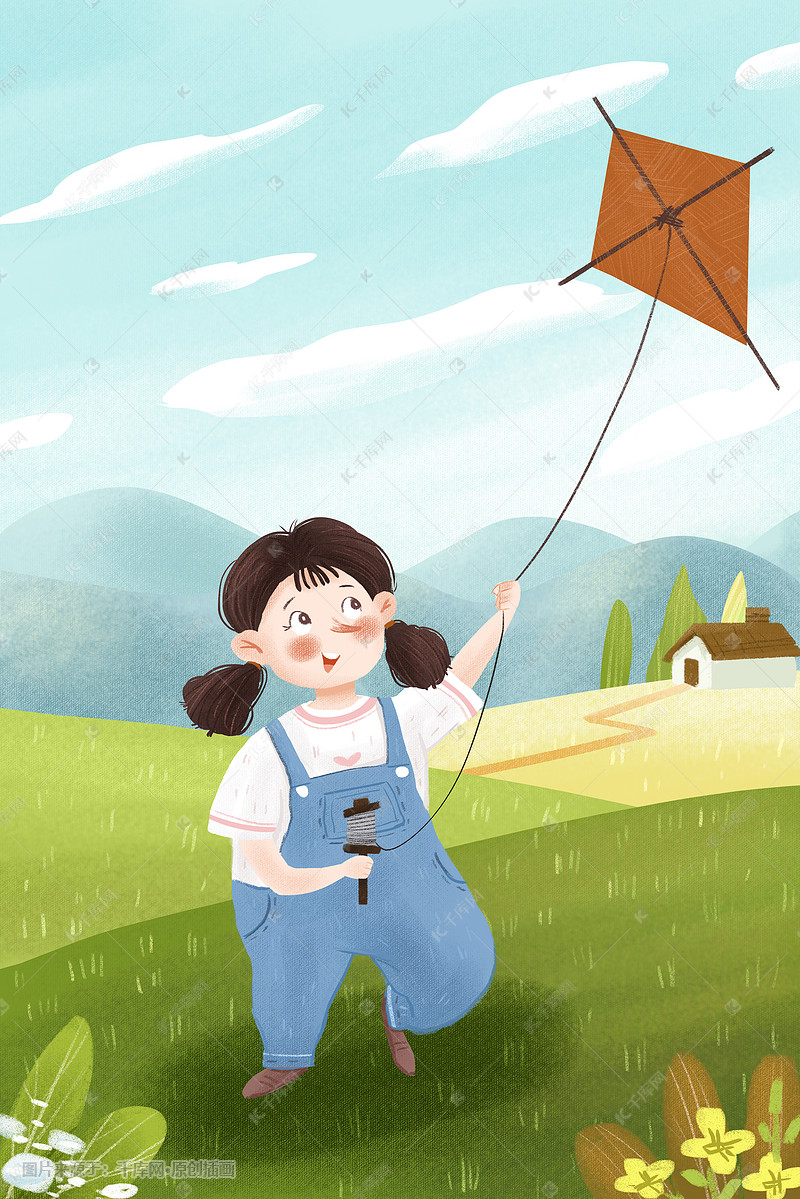 小女孩春天野外放风筝小清新