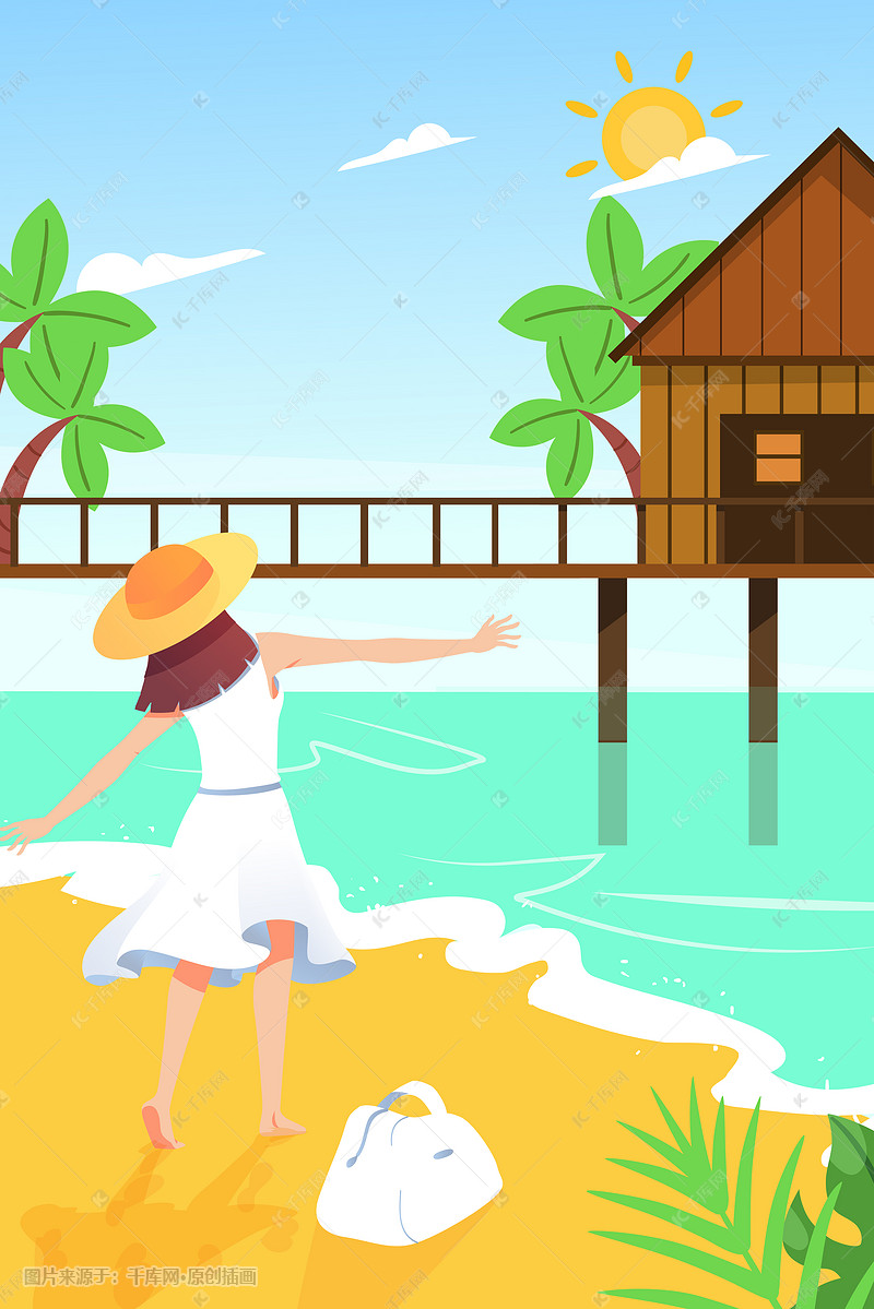 夏日度假旅游夏天海边女孩风景手机页面配图