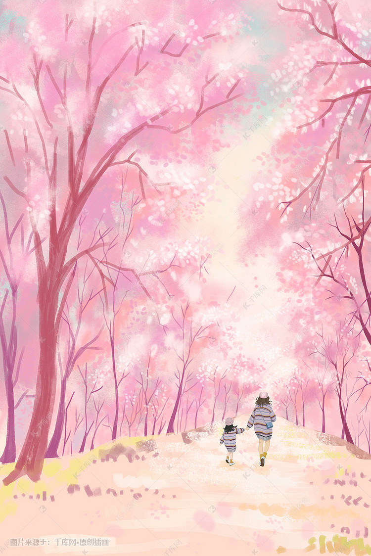 花节粉色樱花林中母子牵手背影