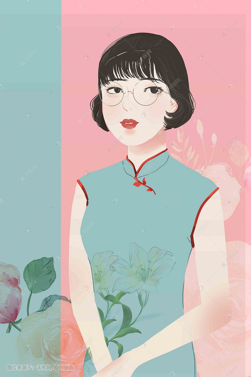 清新民国风格唯美少女彩色手绘风格插画