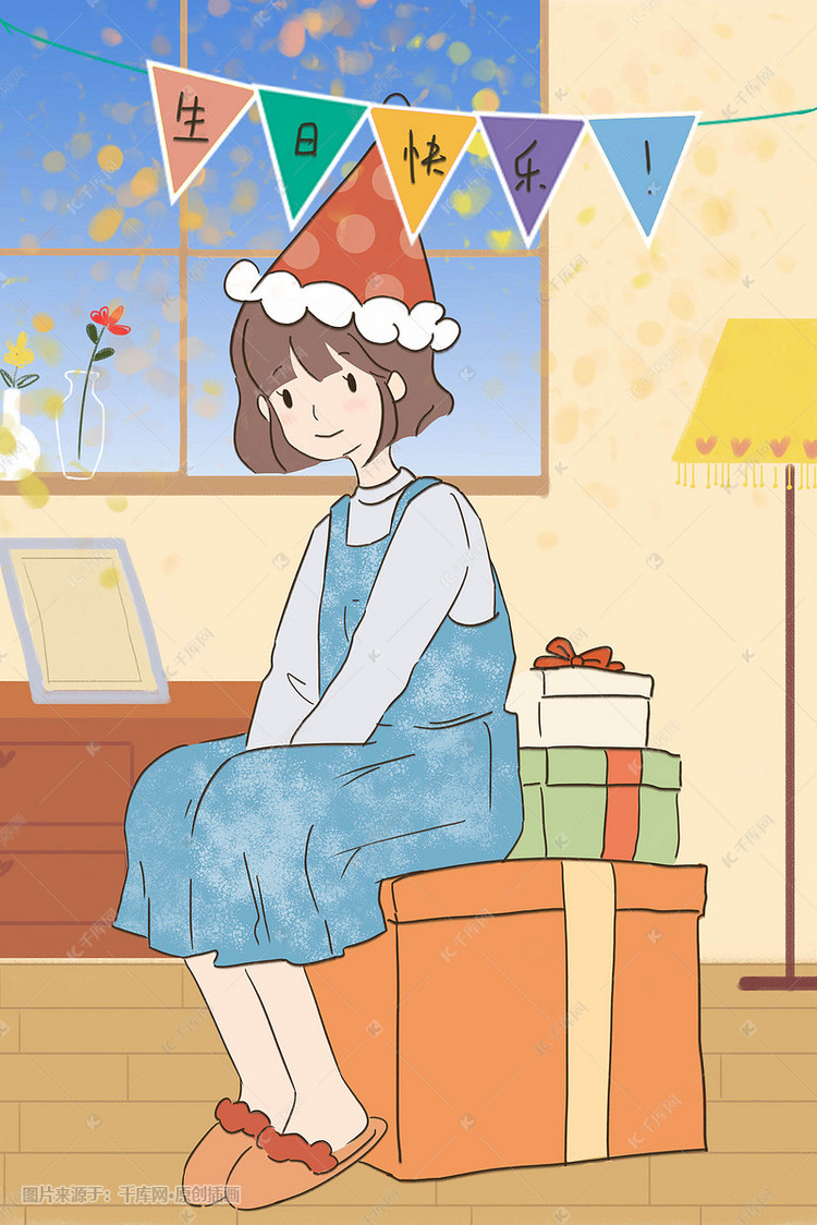 生日快乐蛋糕蜡烛气球清新唯美少女手绘插画