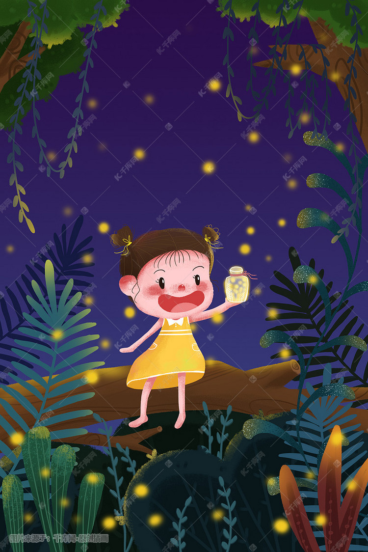 夏日仲夏之夜萤火虫插画图片-千库网
