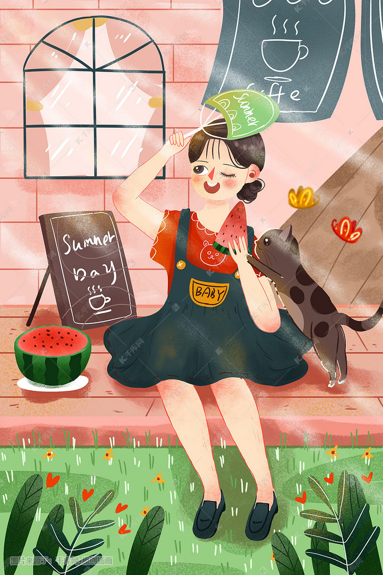 夏季卡通可爱立夏女孩在阳光下吃西瓜配图