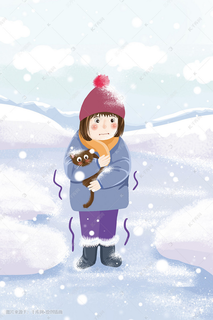 下大雪了好冷抱猫咪取暖