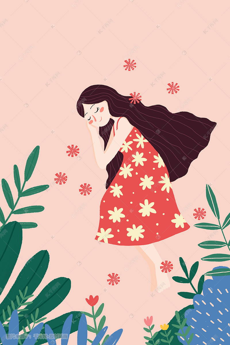 春天插画小a插画小女孩睡觉配图图片头像背影微女生信卡通图片
