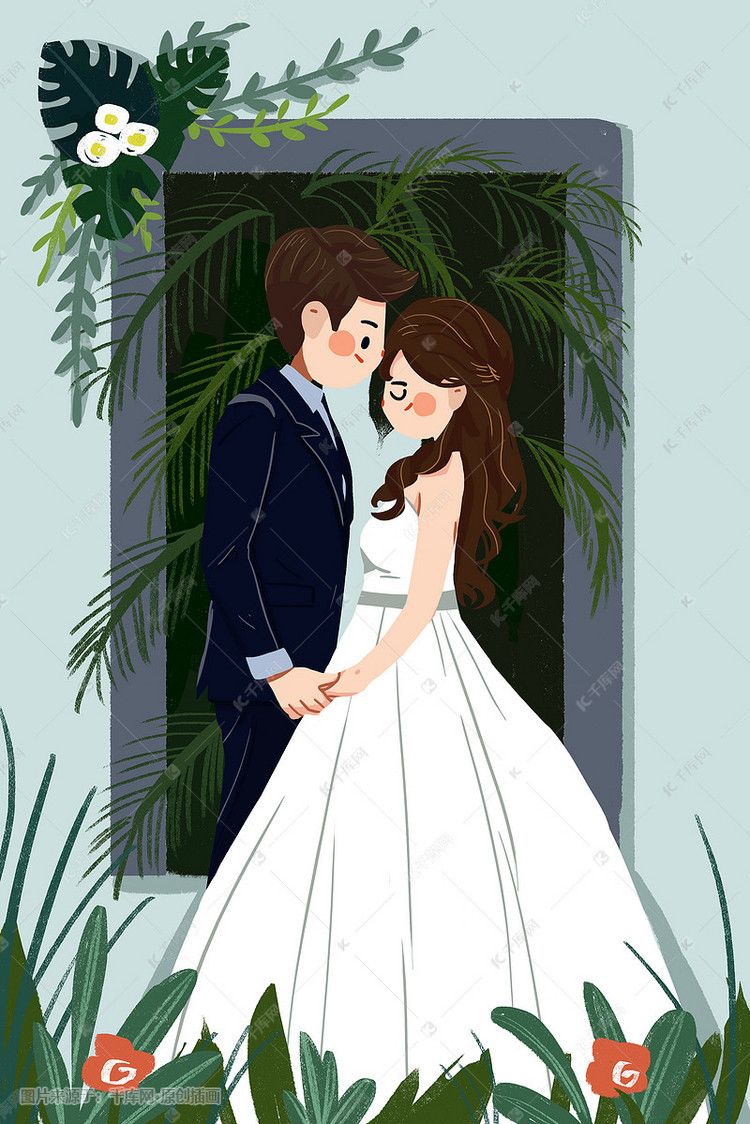 情人节情侣结婚在一起婚纱照卡通人物插画
