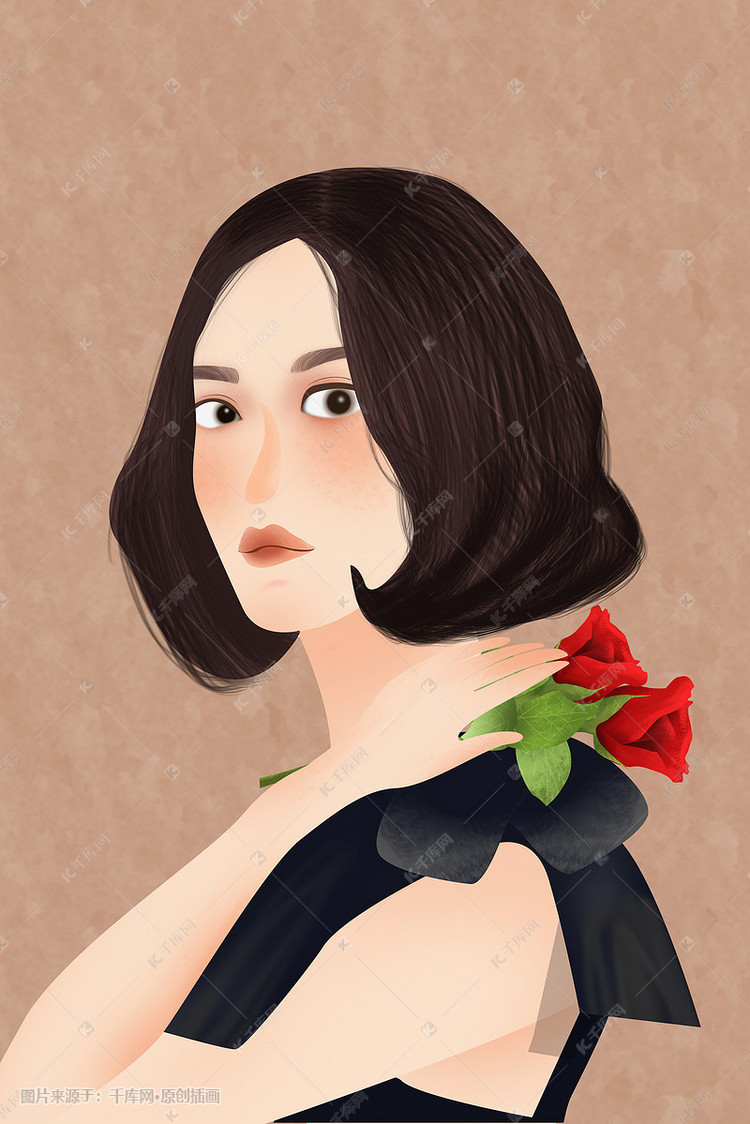 手绘风拿着玫瑰花的短发女孩插画图片-千库网