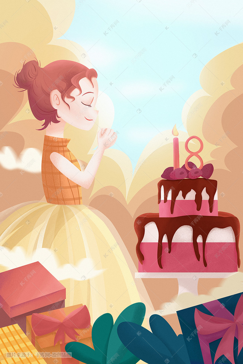 浪漫生日小姑娘对着蛋糕许愿