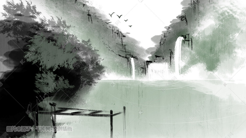 水墨山水瀑布国风插画
