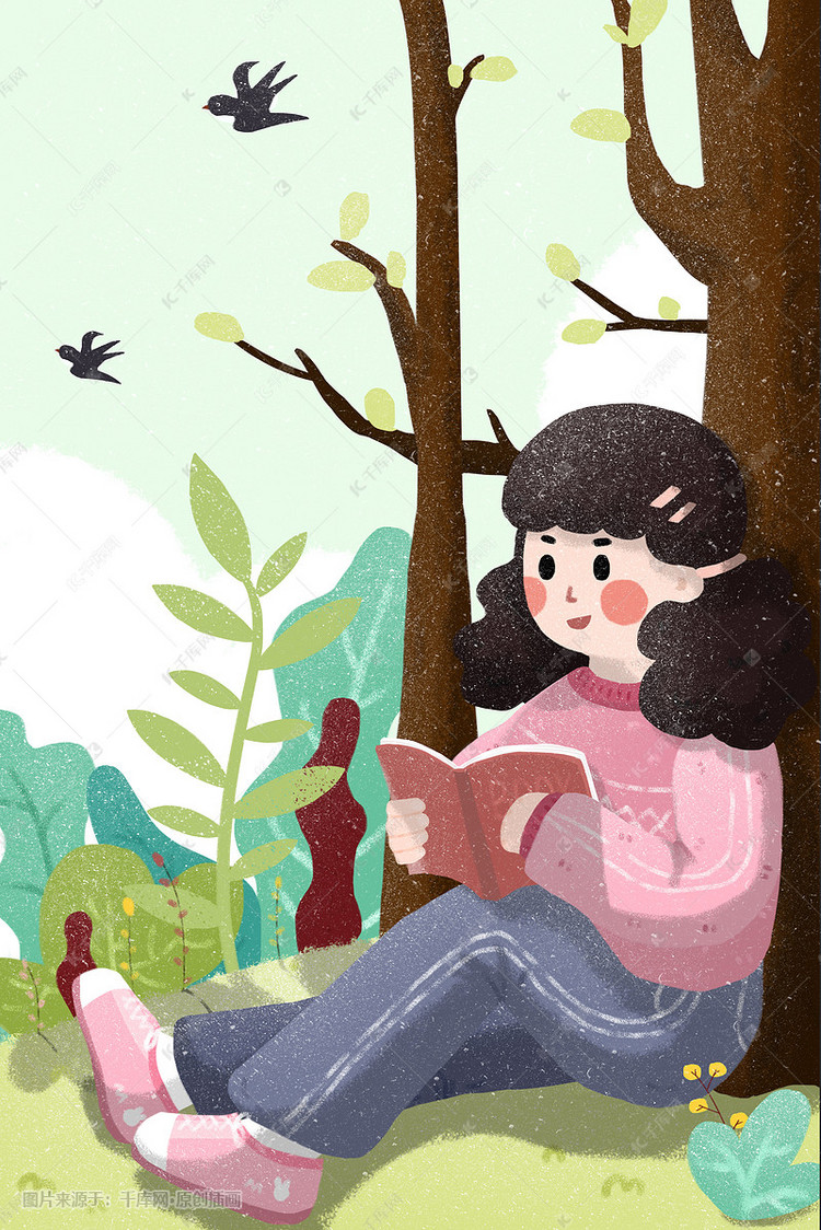 立春小女孩靠着树读书
