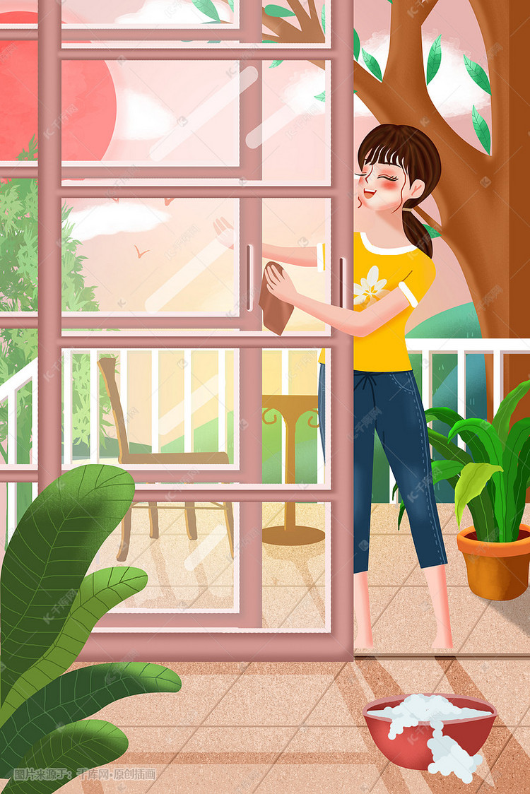 劳动节女孩擦玻璃