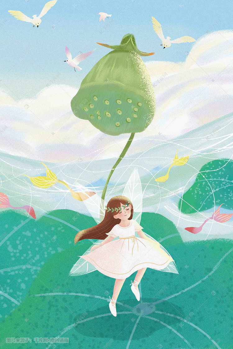 立夏夏天户外荷花荷叶池塘清新少女手绘插画