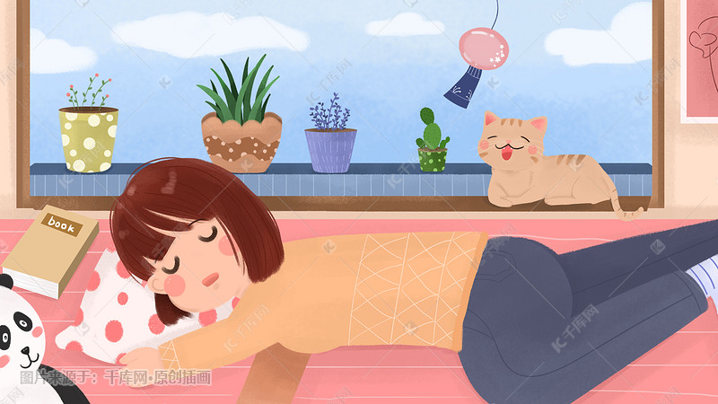 春天睡觉插画猫小a插画少女女生可爱圆脸图片吗图片