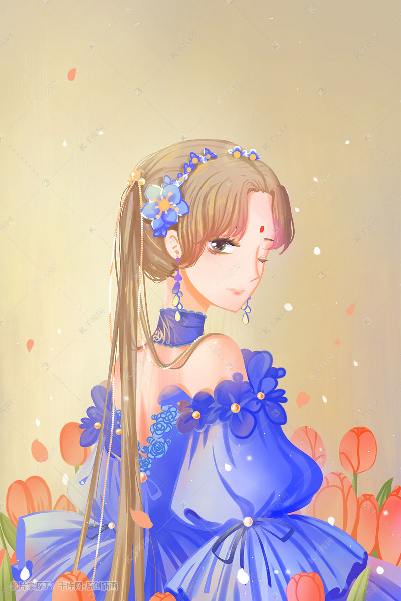 蓝色唯美卡通少女与花欧式礼服春季春天配图