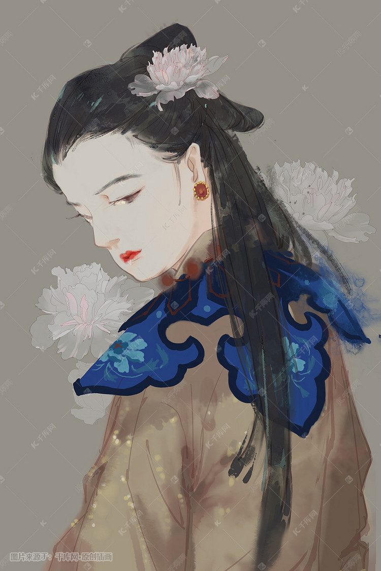 中国风芍药少女古风水墨人物