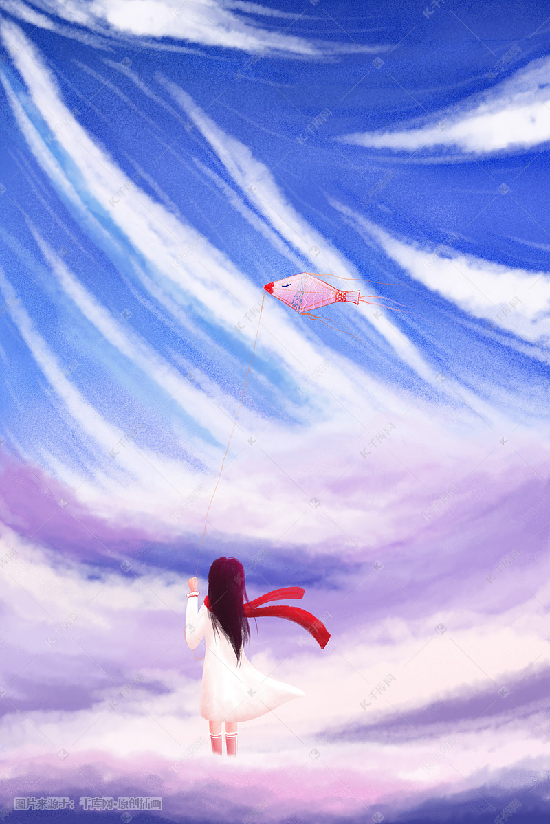 天空唯美风景放风筝的少女