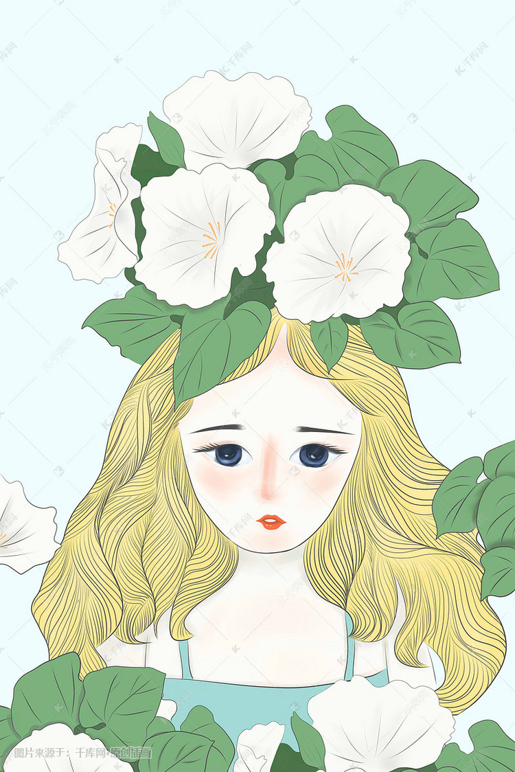 春天长发女孩与花草