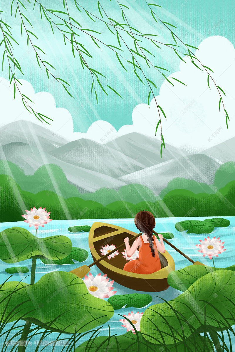 夏天夏日女孩采荷花荷叶大暑夏至初夏节气插画图片-千