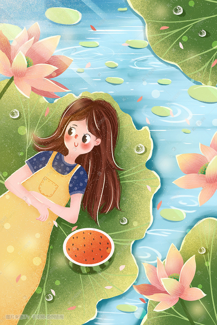 小清新立夏节气荷叶女孩插画图片-千库网