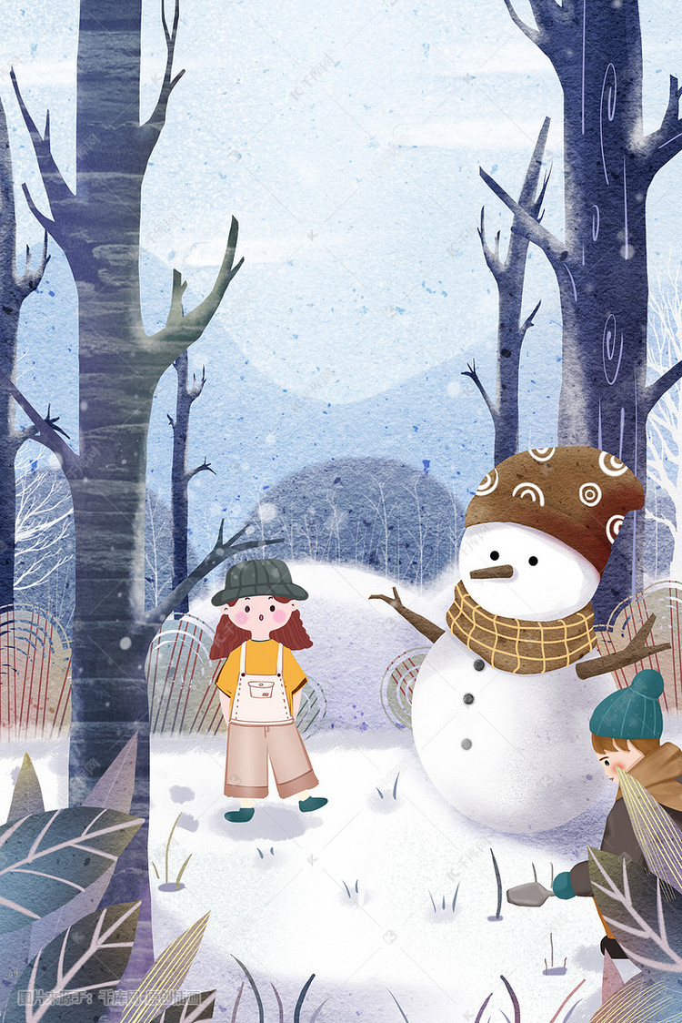 假期寒假生活少女雪景雪花堆雪人卡通插画