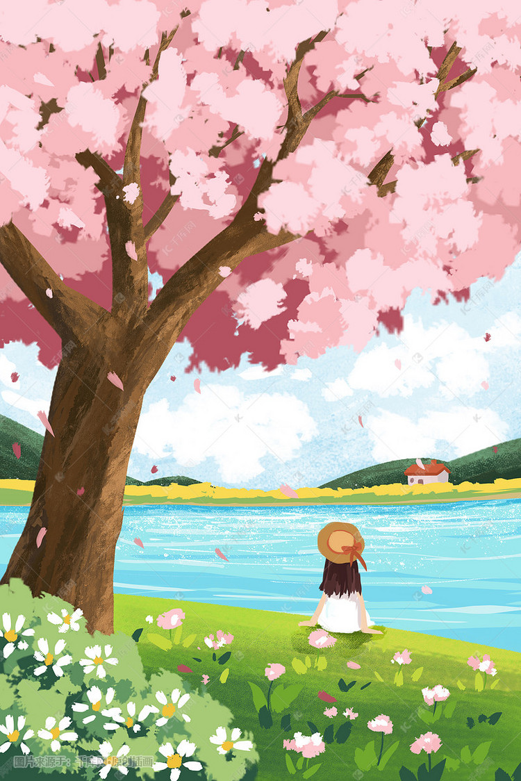 樱花树下女孩在河边小清新