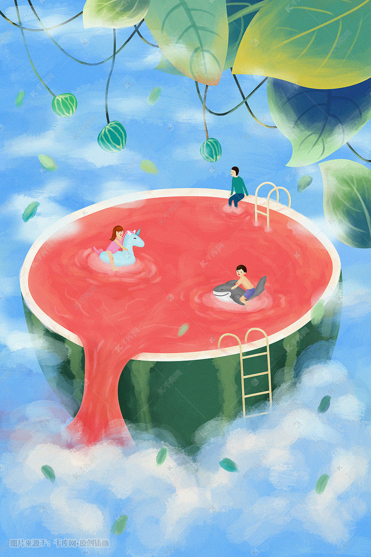 夏季清凉卡通创意西瓜手绘泳池游泳插画背景