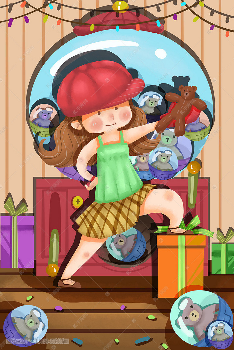 促销游戏少女抓娃娃扭蛋机卡通创意插画