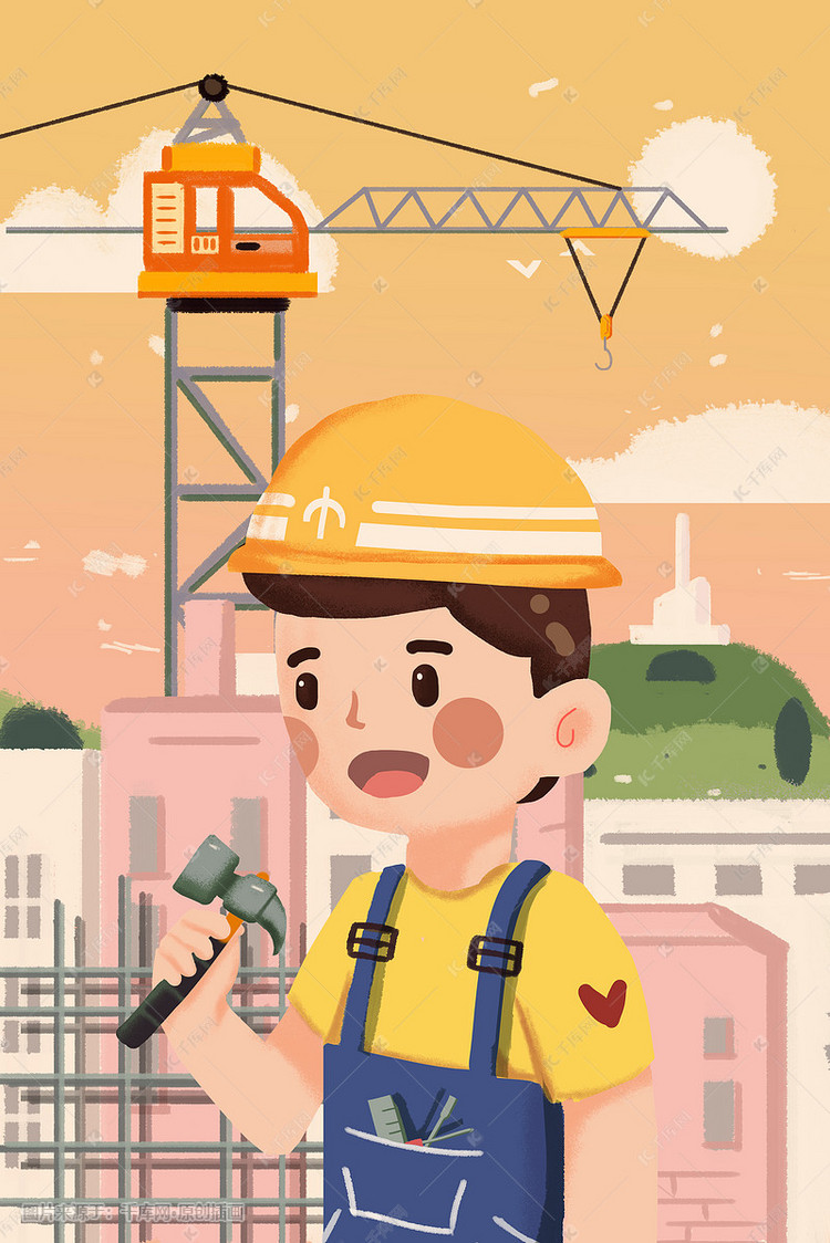 51劳动节劳动工人工地建房男孩卡通插画