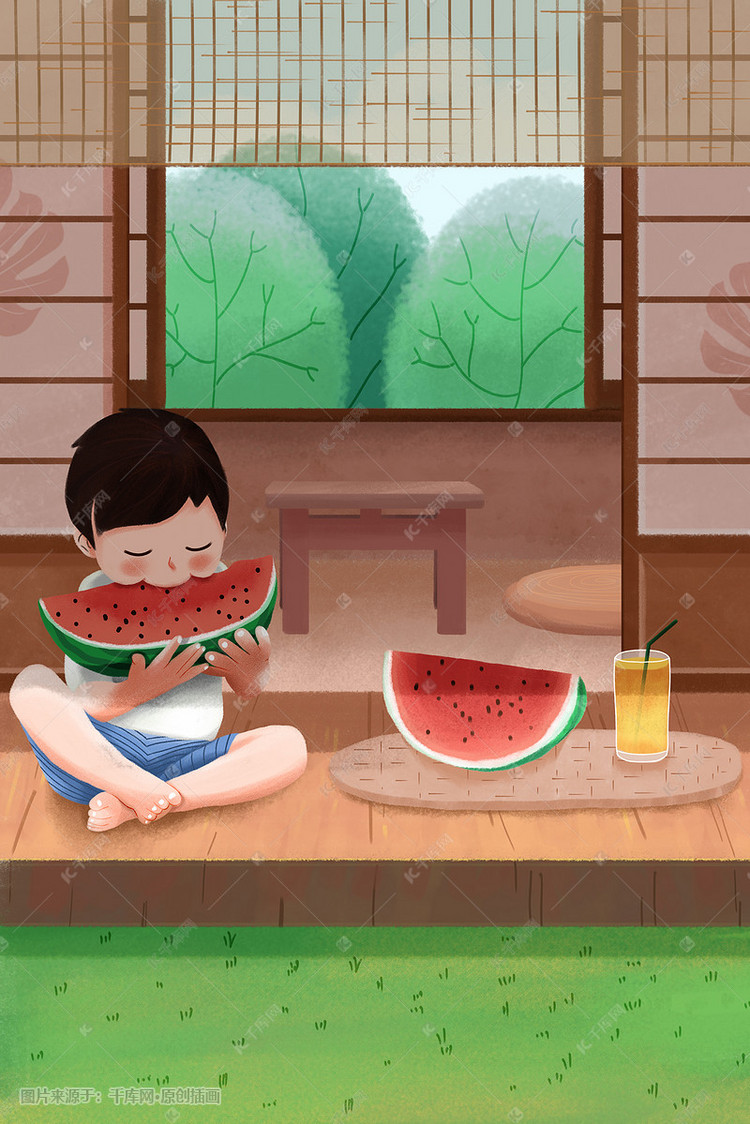 立夏—夏天男孩吃西瓜配图