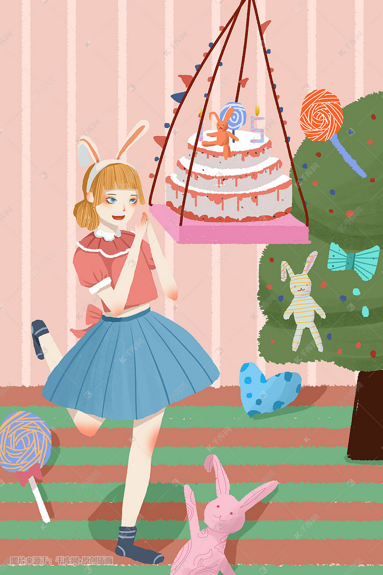 生日快乐生日祝福许愿少女粉色卡通插画