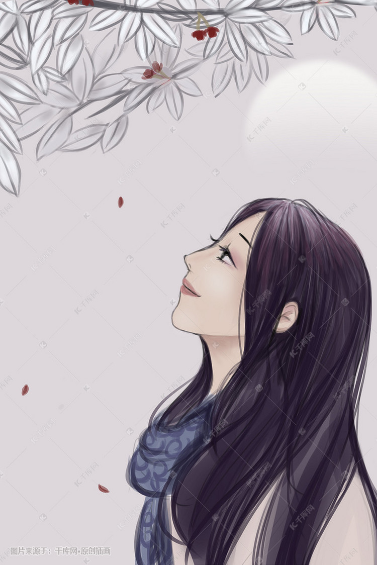 女孩抬头侧脸唯美插画
