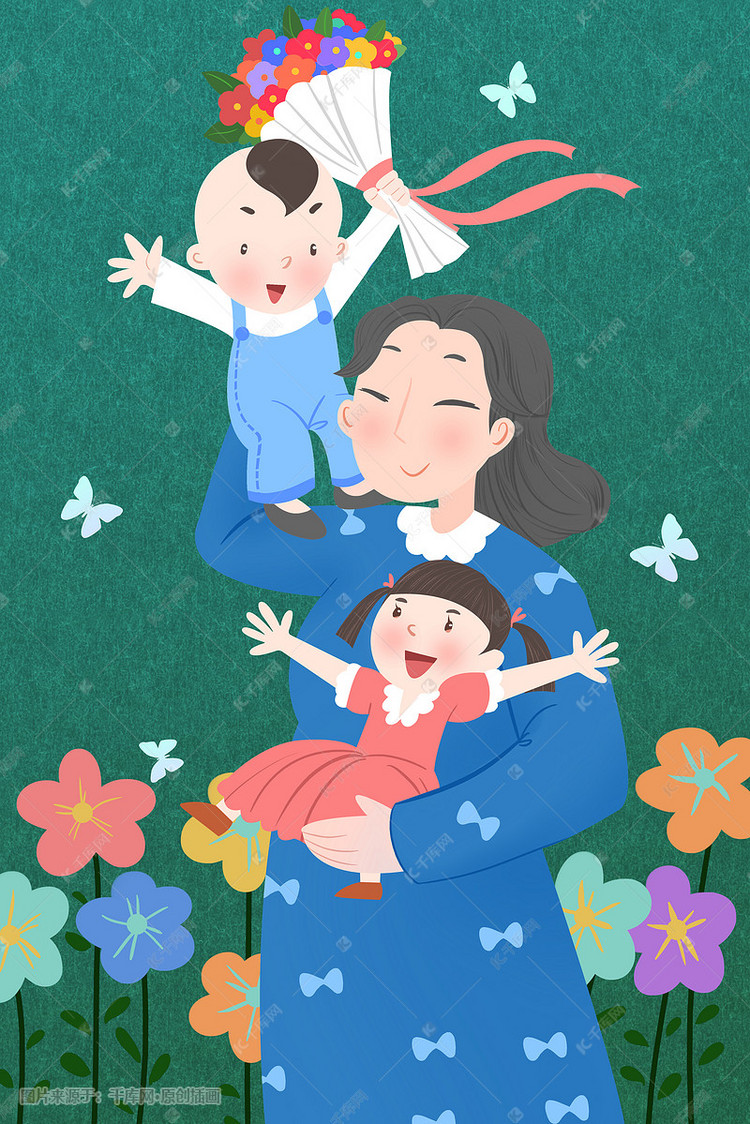 卡通手绘风母亲节母子母女配图