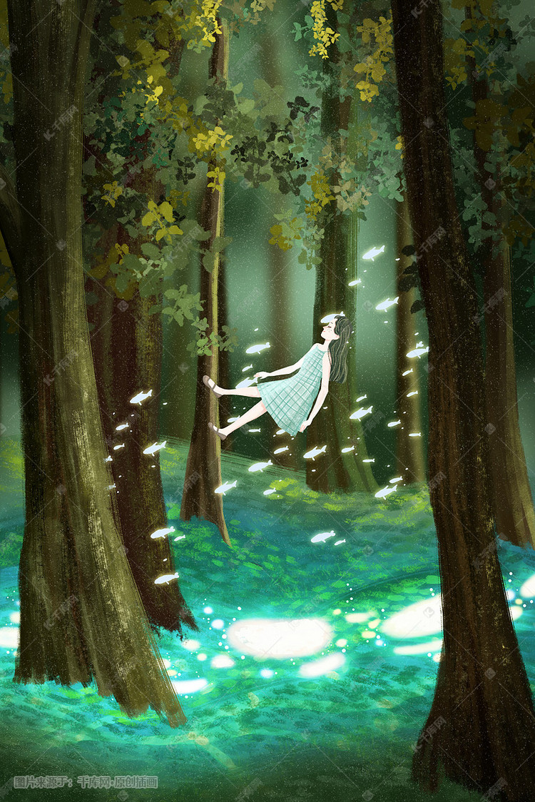 夏日绿色清凉静谧森林树林梦幻童话场景插画