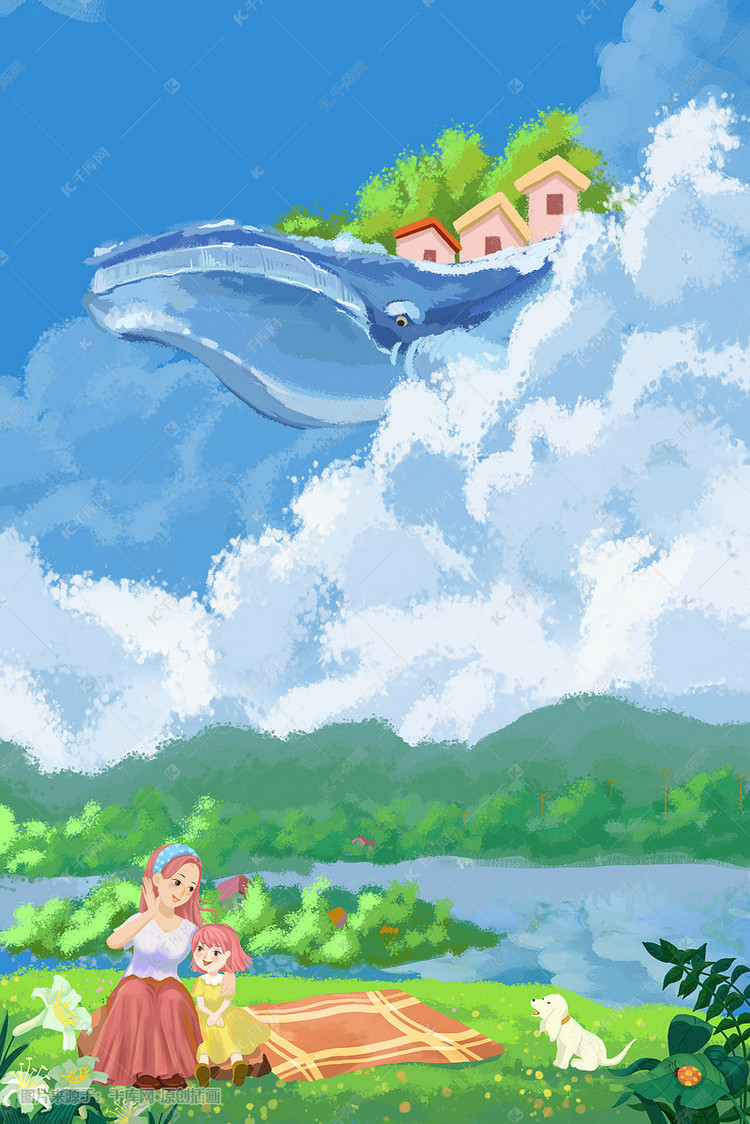 绿色唯美卡通夏日立夏空中蓝鲸炎热夏季风