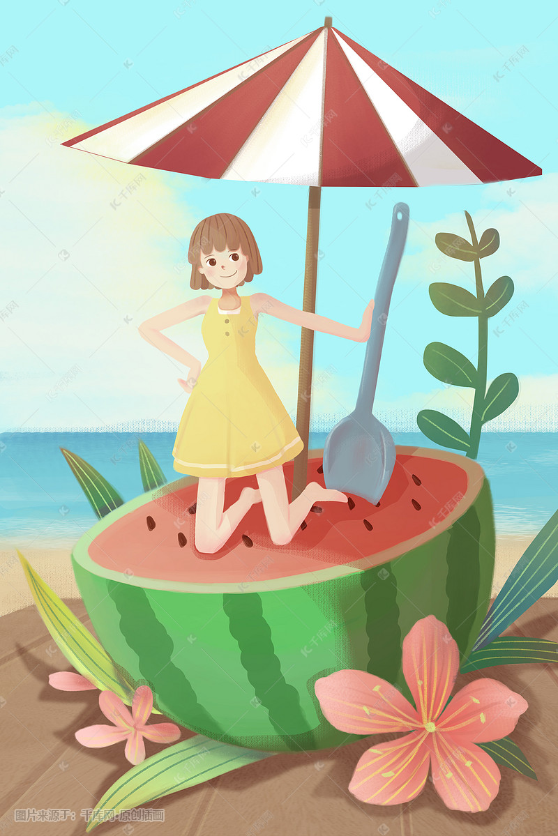 夏天立夏夏日初夏夏至大暑少女西瓜卡通插画