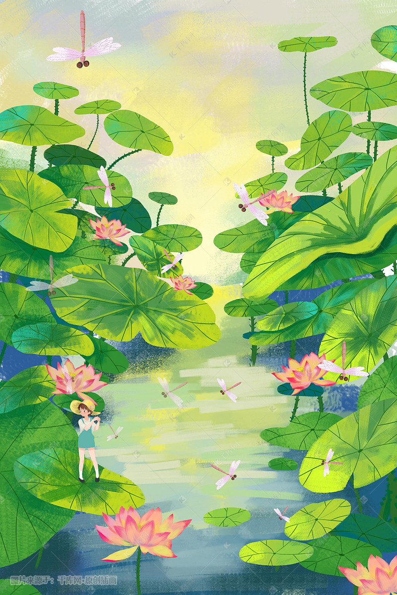 夏景立夏夏日绿色荷花池女孩蜻蜓插画图片-千库网